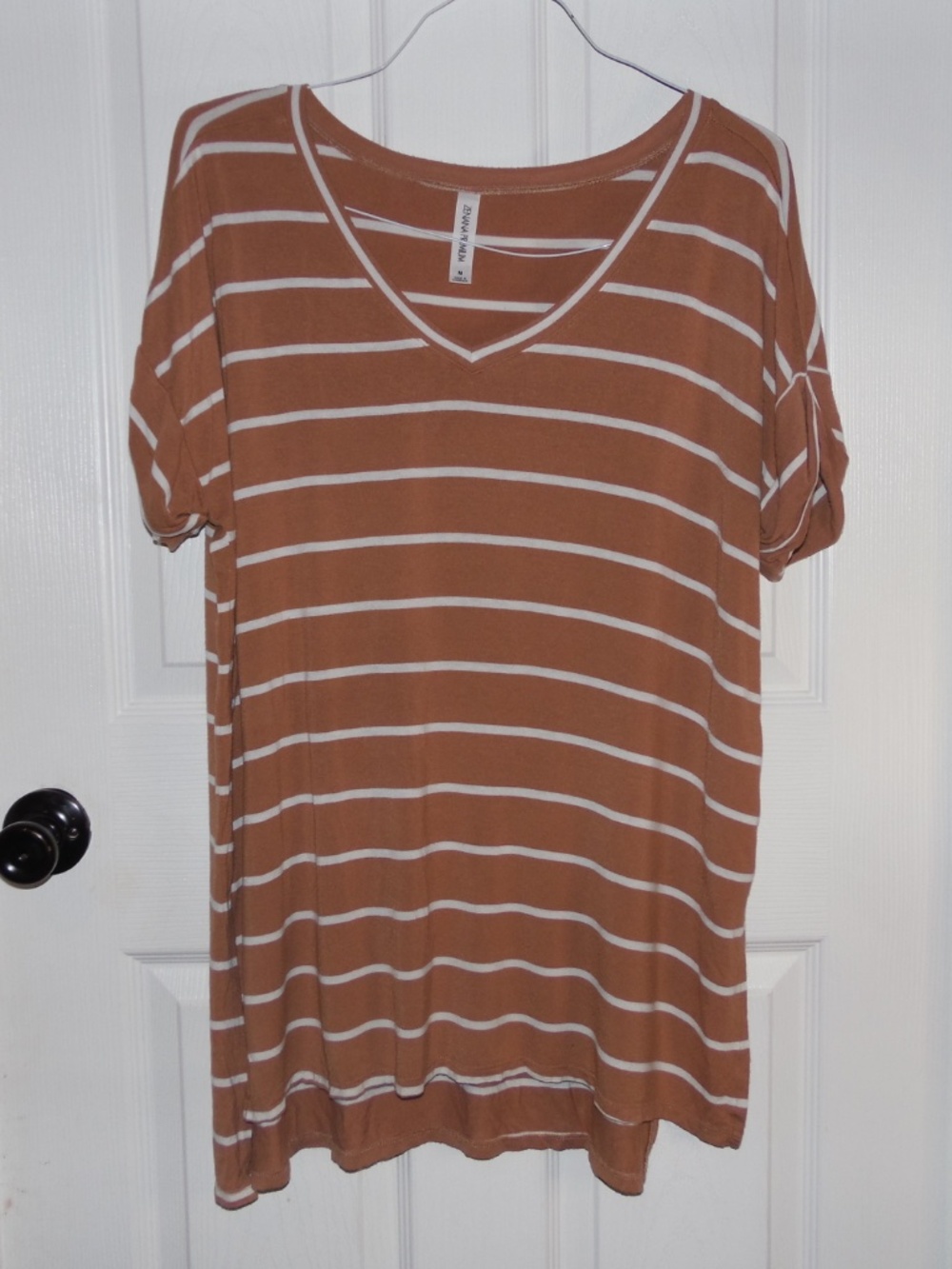 Zenana Premium Women’s Medium Brown White Striped V-Neck Oversized Tee